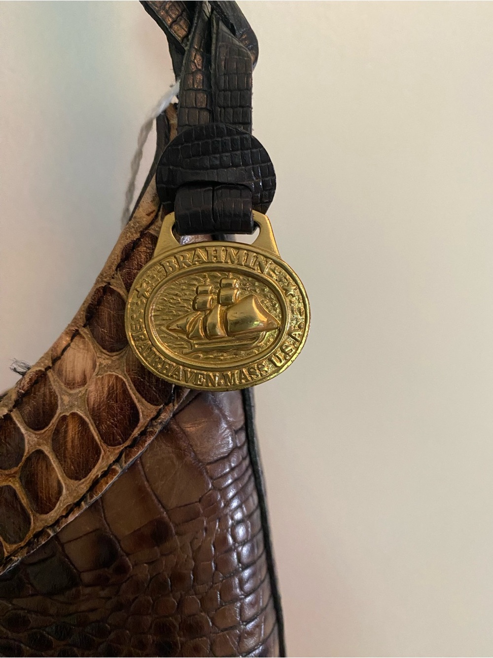 Brahmin Brown Croc-Embossed Shoulder Bag with Gold Medallion - Picture 2 of 7